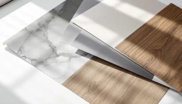 Aufgefächerte Dekormuster aus Architekturfolie in Marmor-, Uni- und Holzoptik