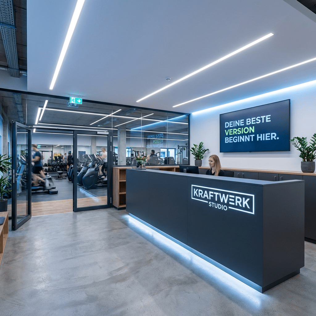 Modernisierte Empfangstheke in grau mit Fitnessstudiofläche im Hintergrund