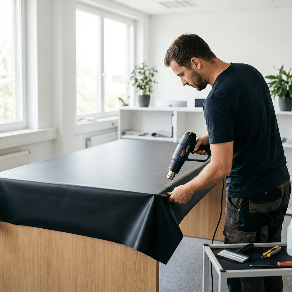 Tisch wird durch Handwerker foliert mit dunkler Folie