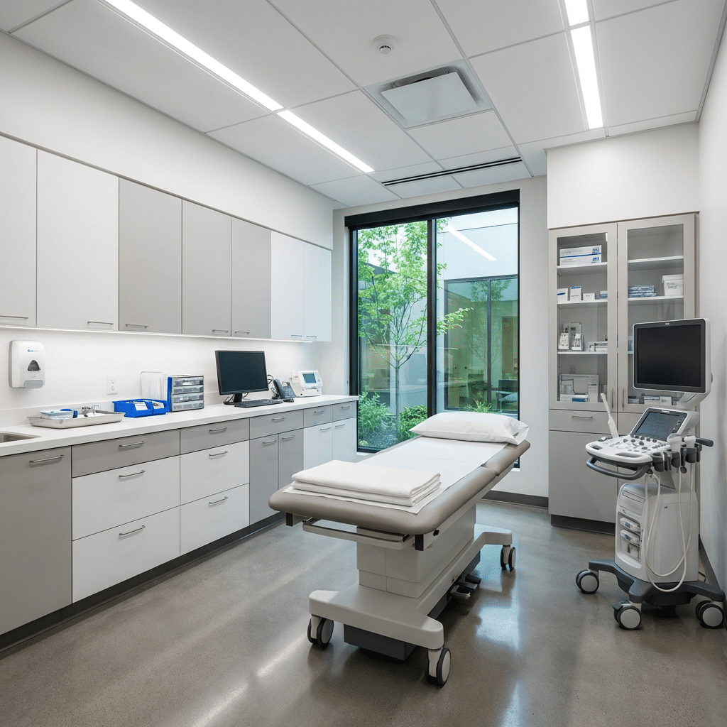 Modernisiertes Behandlungszimmer mit grauem Vinylboden und grau-weißen Schränken