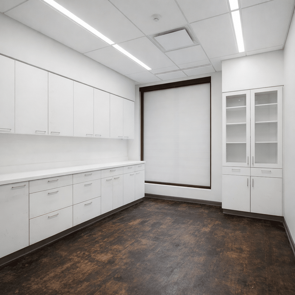 Behandlungszimmer mit weißen Schränken und dunklem Holzboden