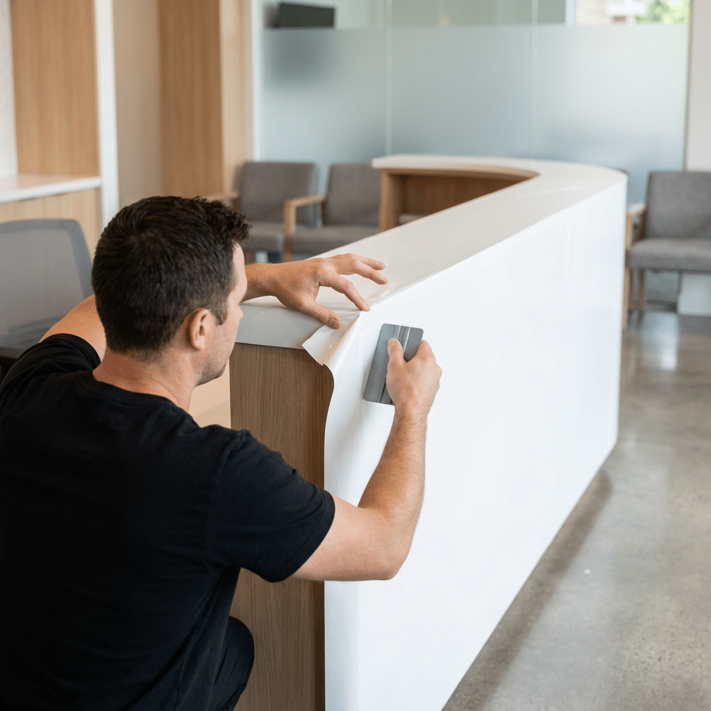 Empfangstheke wird mit weißer Möbelfolie beklebt