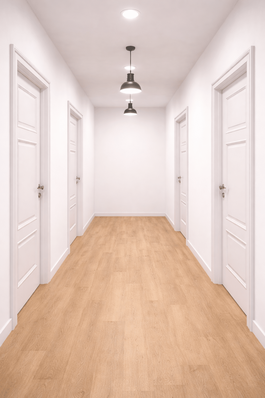 Flur mit weiß beschichteten Türen und hellem Holz-Magnetboden