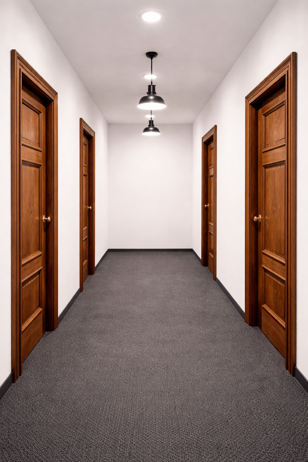 Flur mit dunklen Türen und grauen Teppichboden