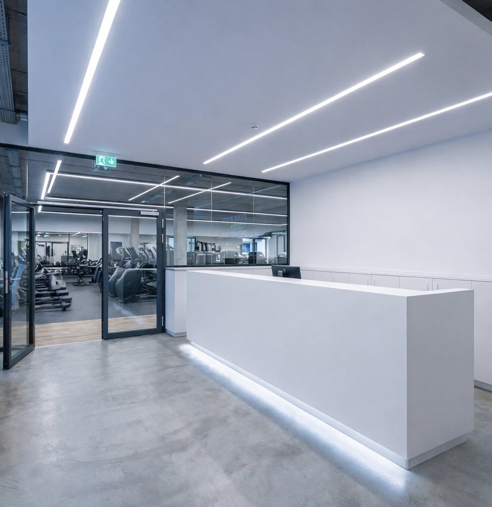weiße Fitnessstudio-Empfangstheke mit Trainingsfläche im Hintergrund