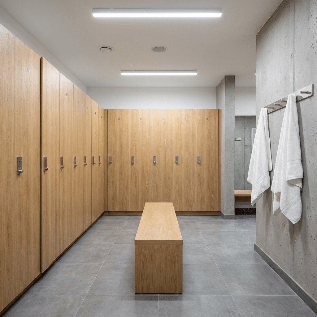 Umkleide mit schönen hellen Holzschränken