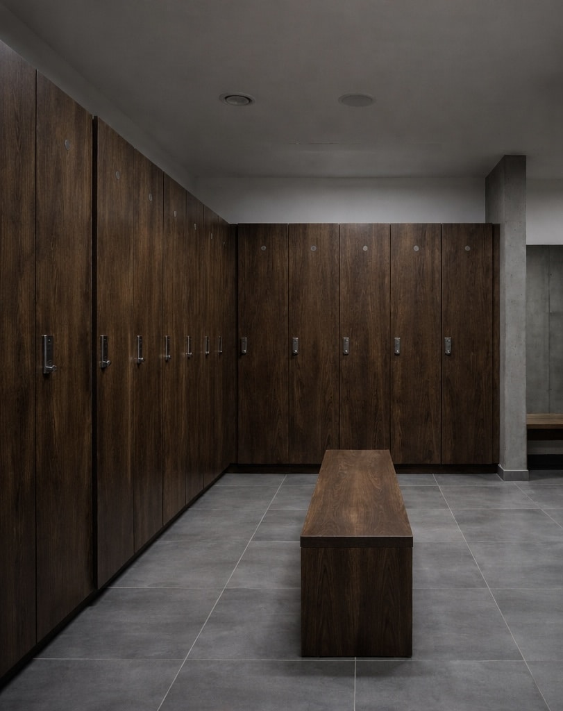 Umkleide mit dunklen Holz-Schränken