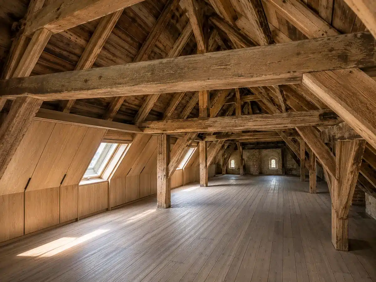 Sanierter historischer Dachstuhl mit freigelegtem Holztragwerk