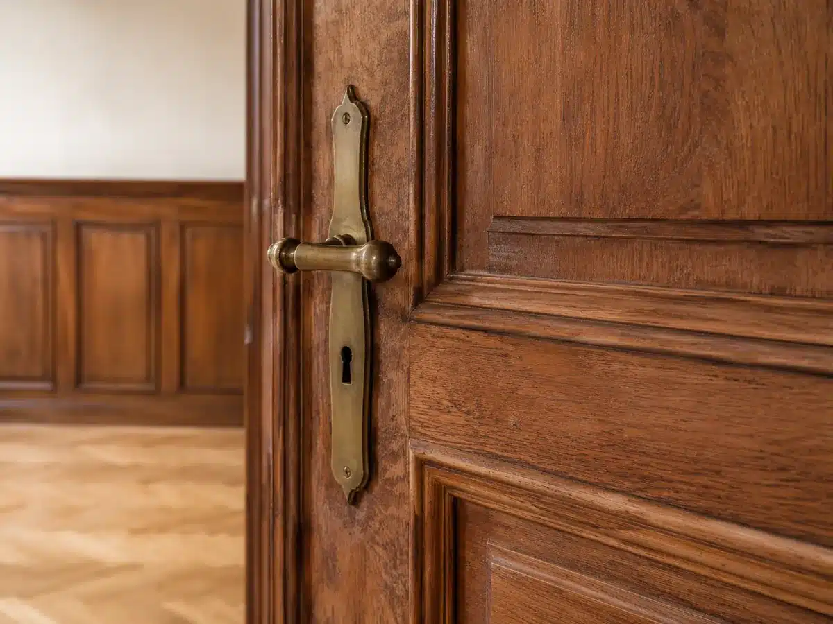 Erneuerte Zimmertür in einem Baudenkmal, Holzoptik mit Messingbeschlag
