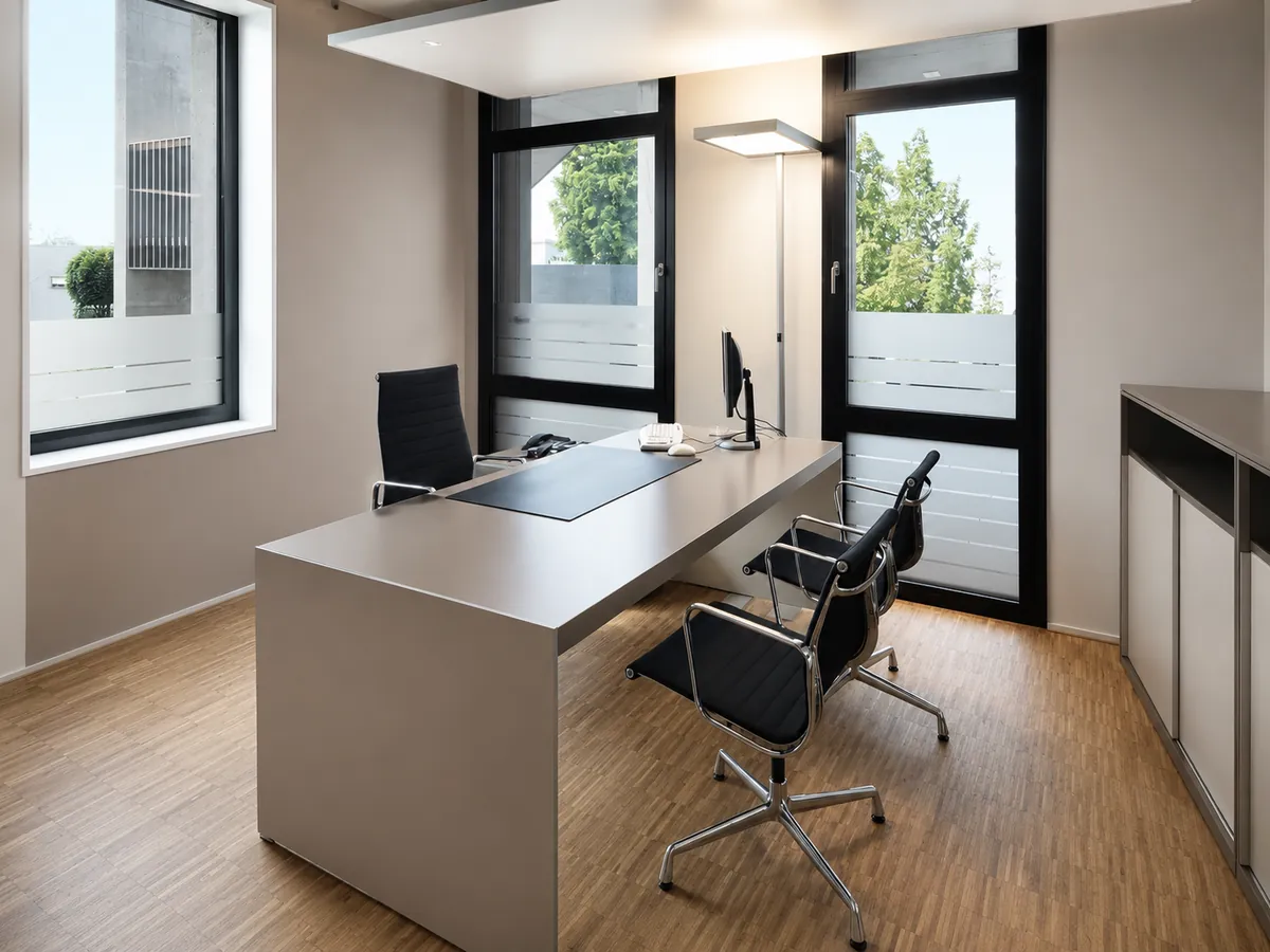 Modernes Einzelbüro mit erneuertem Schreibtisch, warmen Wandflächen und Holzboden.