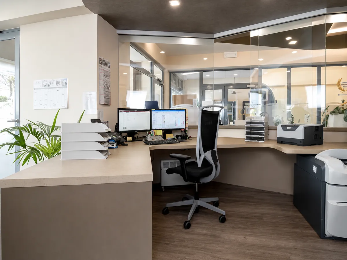 Backoffice- und Empfangstresen mit erneuerter Oberfläche, Glastrennwand und Holzboden.