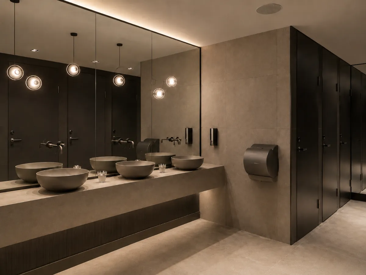 Gäste-WC im Restaurant mit erneuerten Wandflächen und Holz-Waschtisch.
