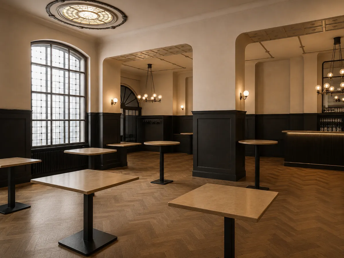 Klassischer Gastraum mit erneuerter dunkler Wandvertäfelung, Theke und Fischgrät-Boden.
