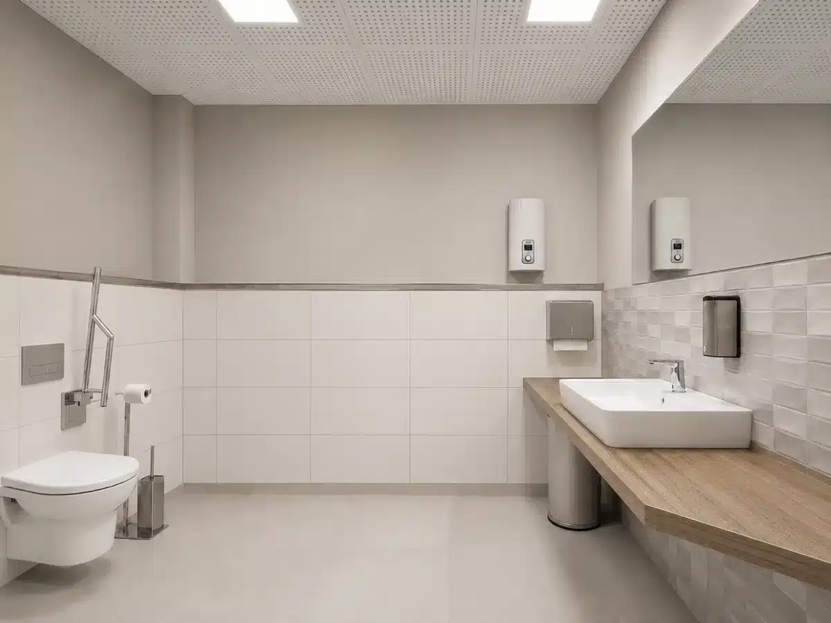 Barrierefreies Praxis-WC mit erneuerten Wandflächen, Fliesenspiegel und Holz-Waschtisch.