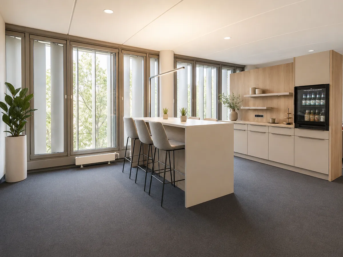 Büro-Teeküche mit erneuerter Küchenzeile in heller Holzoptik und Barbereich.