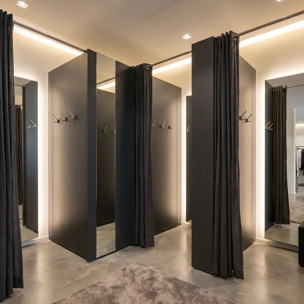 Umkleidebereich mit erneuerten Fronten, Vorhang und warmem Licht in der Boutique.