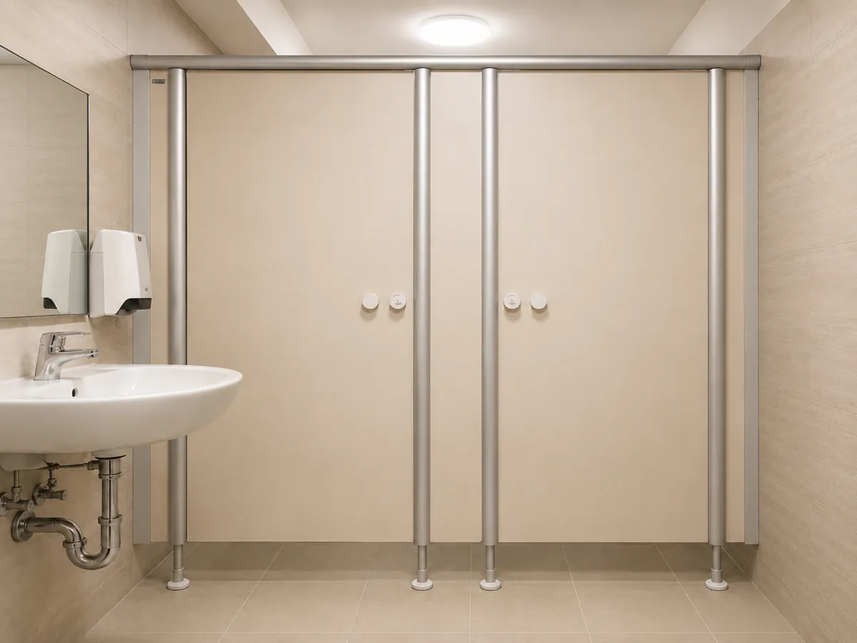 WC-Kabinen mit erneuerten Trennwand-Fronten in hellem Dekor.