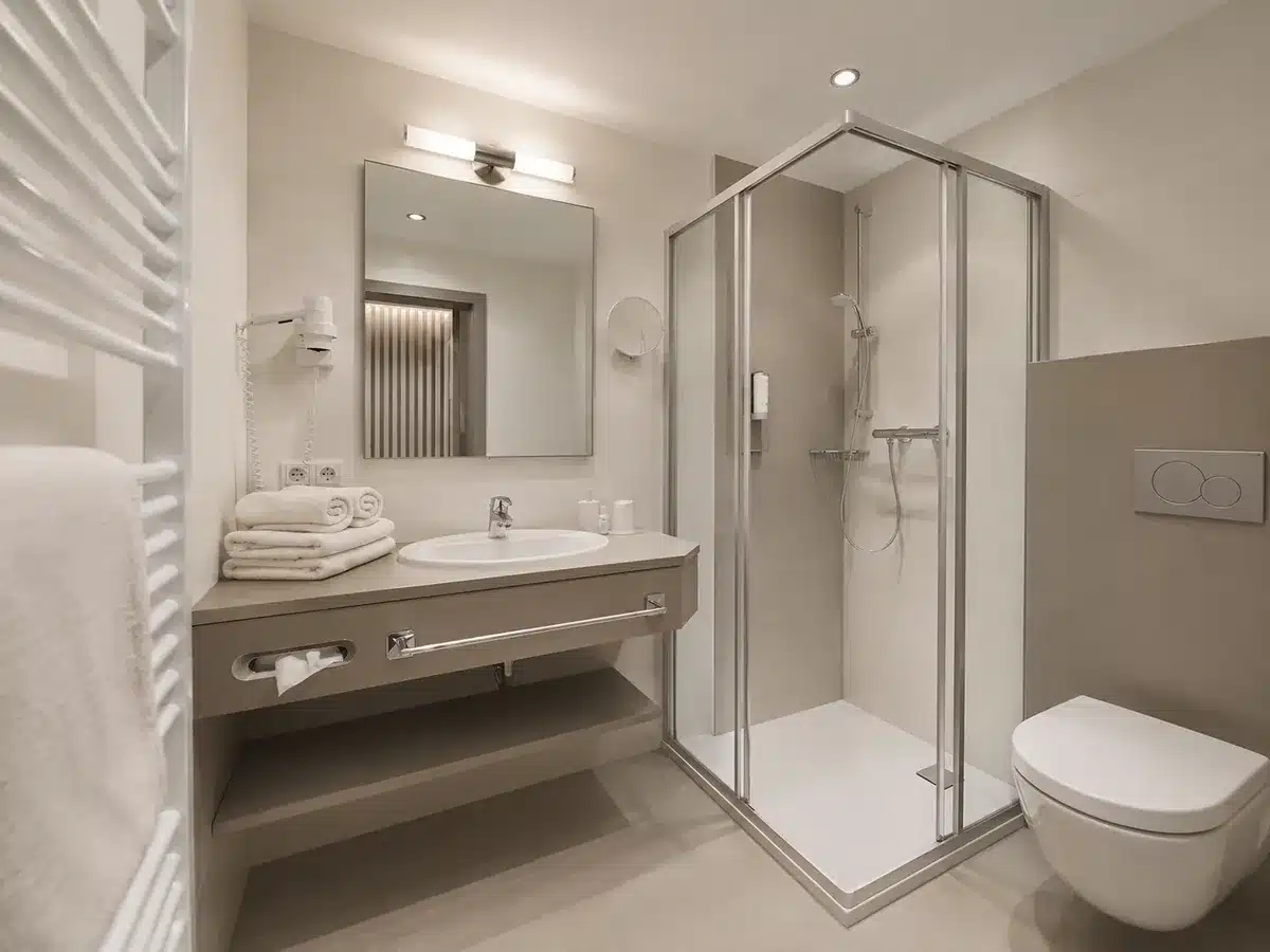 Hotelbadezimmer mit erneuerten Möbel- und Wandflächen