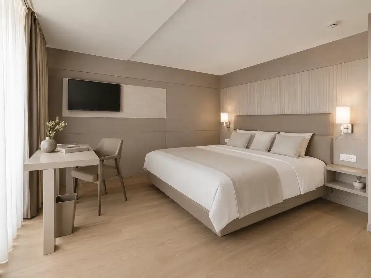 Renoviertes Hotelzimmer mit erneuerten Oberflächen in hellem Holzdekor