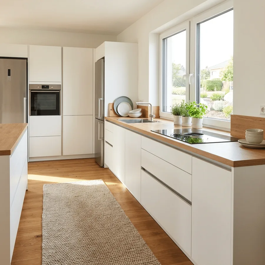 Modern erneuerte Küche in Weiß mit Arbeitsplatte in Eiche