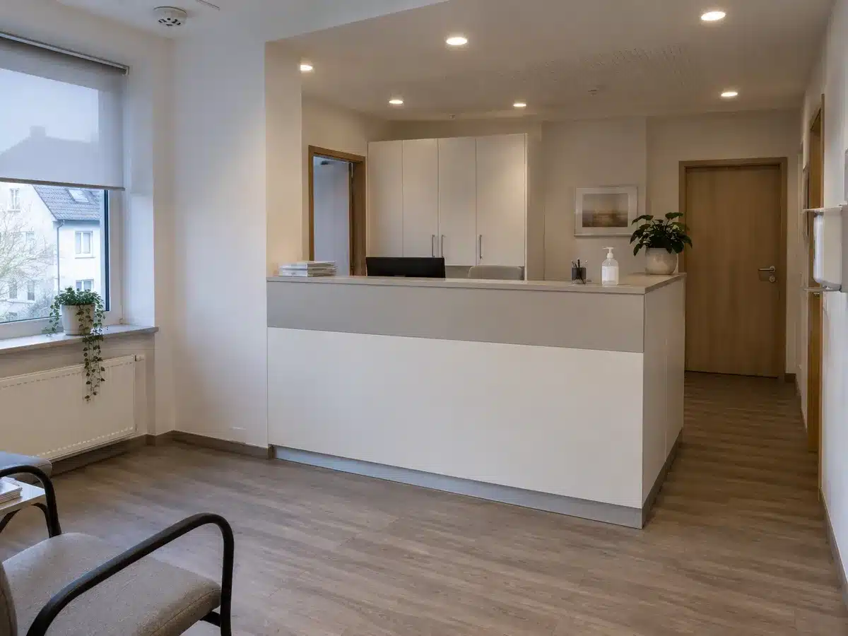 Heller Praxisempfang mit weißer Theke und Wartebereich, Möbelfolierung in Essen & Umgebung, Retrena