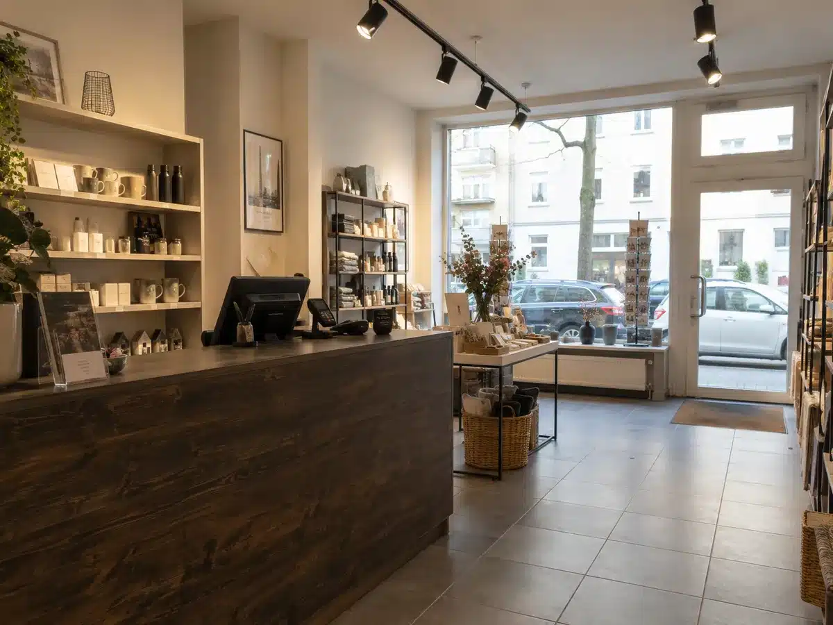 Ladenlokal mit Theke in dunkler Holzoptik und hellen Regalen, Möbelfolierung in Köln & Umgebung, Retrena